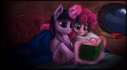 Size: 1566x862 | Tagged: safe, artist:bantha, artist:cheezedoodle96, edit, pinkie pie, twilight sparkle, pony, g4, bed, book, colored, cuddling, duo, female, fluffy, golden oaks library, lesbian, magic, mare, prone, reading, ship:twinkie, shipping, smiling, snuggling, telekinesis, unshorn fetlocks