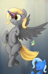 Size: 2000x3022 | Tagged: safe, artist:dimfann, derpy hooves, trixie, alicorn, pony, g4, cosplay, derpicorn, hat, high res, in-universe cosplay, party hat, race swap, spread wings