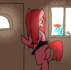 Size: 969x960 | Tagged: safe, artist:gmrqor, pinkie pie, rainbow dash, earth pony, pegasus, pony, g4, butt, female, gun, imminent death, implied murder, mare, pinkamena diane pie, pistol, plot, suppressor, weapon