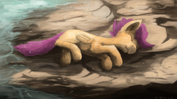 Size: 8000x4500 | Tagged: safe, artist:fuzzyfox11, scootaloo, g4, absurd resolution, alone, eyes closed, female, fluffy, homeless, on side, orphan, scootalone, sleeping, smiling, snow, snowfall, solo