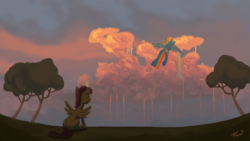 Size: 1600x900 | Tagged: safe, artist:darkkodkod, rainbow dash, scootaloo, g4, cloudsdale, flying, sitting, sky, spread wings, sunset, tree, watching