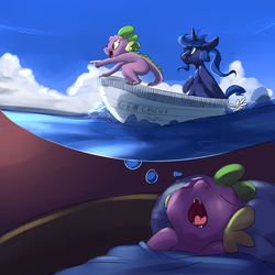 Size: 1280x1280 | Tagged: safe, artist:imsokyo, princess luna, spike, alicorn, dragon, pony, daily life of spike, daily sleeping spike, g4, boat, cute, dream, dream walker luna, duo, duo male and female, female, male, sleeping, spikabetes, tumblr