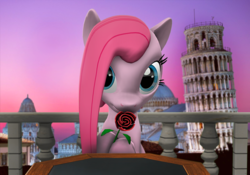 Size: 2061x1440 | Tagged: safe, artist:zigidi94, pinkie pie, g4, 3d, balcony, cute, cuteamena, date, hoof hold, leaning tower of pisa, looking at you, pinkamena diane pie, rose, smiling, source filmmaker, table