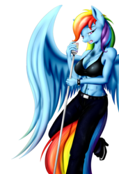 Size: 1280x1868 | Tagged: safe, artist:bludraconoid, rainbow dash, anthro, unguligrade anthro, g4, abs, belly button, breasts, busty rainbow dash, cleavage, female, microphone, midriff, simple background, solo, transparent background