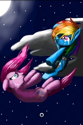 Size: 320x480 | Tagged: safe, artist:katie1234585, pinkie pie, rainbow dash, g4, cloud, crying, duo, falling, female, lesbian, moon, night, night sky, open mouth, pinkamena diane pie, rainbond dash, ship:pinkiedash, shipping, stars, this will end in death, tied up, underhoof