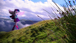 Size: 3840x2160 | Tagged: safe, artist:bastbrushie, artist:theshadowstone, twilight sparkle, equestria girls, g4, arm behind back, clothes, cloud, cute, cutie mark on clothes, equestria girls in real life, female, grin, high res, hill, humanized, irl, mountain, outdoors, photo, ponied up, smiling, solo, spread wings, squee, vector, winged humanization, wings