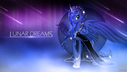 Size: 3840x2160 | Tagged: safe, artist:nemesis360, artist:romus91, princess luna, alicorn, pony, g4, beautiful, clothes, crown, dress, ethereal mane, ethereal tail, female, high res, hoof shoes, large wings, mare, partially open wings, princess shoes, shooting star, shooting stars, solo, starry mane, starry tail, tail, three quarter view, vector, wallpaper, wings