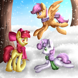 Size: 1800x1800 | Tagged: safe, artist:frozl, apple bloom, scootaloo, sweetie belle, earth pony, pegasus, pony, unicorn, g4, blank flank, clothes, cutie mark crusaders, female, filly, foal, outdoors, scarf, scootaloo can fly, snow, snowfall, tree, trio, winter