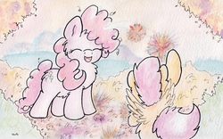 Size: 1173x734 | Tagged: safe, artist:slightlyshade, pinkie pie, scootaloo, pegasus, pony, g4, autumn, chest fluff, filly, fluffy, traditional art