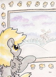 Size: 722x998 | Tagged: safe, artist:slightlyshade, derpy hooves, pegasus, pony, g4, evergreen tree, female, fluffy, muffin, snow, solo, traditional art, windmill, winter
