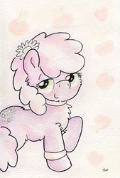 Size: 716x1059 | Tagged: safe, artist:slightlyshade, cheerilee, g4, chest fluff, collar, female, flower, flower in hair, fluffy, looking at you, solo, traditional art