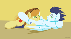 Size: 1280x700 | Tagged: safe, artist:hoverrover, braeburn, soarin', earth pony, pegasus, pony, g4, backwards cutie mark, cowboy hat, gay, hat, hooves, imminent blowjob, imminent oral, imminent sex, lineless, lying down, male, on back, prone, ship:soarburn, shipping, smiling, stallion, wings