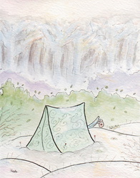 Size: 728x927 | Tagged: safe, artist:slightlyshade, rainbow dash, scootaloo, pegasus, pony, g4, camping, filly, forest, scooter, tent, traditional art, winter
