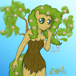 Size: 1000x1000 | Tagged: safe, artist:empyu, fluttershy, dryad, ent, anthro, g4, fluttertree, groot, grootershy, shy, solo, species swap