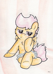 Size: 719x1007 | Tagged: safe, artist:slightlyshade, scootaloo, pegasus, pony, g4, blushing, bracelet, chest fluff, clothes, female, filly, fluffy, pose, skirt, skirtaloo, solo, traditional art