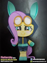 Size: 1199x1599 | Tagged: safe, artist:eljoeydesigns, fluttershy, pegasus, pony, g4, blushing, bunny ears, clothes, costume, dangerous mission outfit, female, goggles, hoodie, looking at you, mare, papercraft, smiling