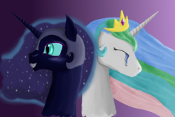 Size: 4500x3000 | Tagged: safe, artist:hawkheart11, nightmare moon, princess celestia, alicorn, pony, g4, crying, duo, gradient background