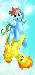 Size: 1000x2117 | Tagged: safe, artist:mymguru, rainbow dash, spitfire, pegasus, pony, g4, :o, cloud, duo, duo female, eye clipping through hair, female, hoofbump, looking at someone, mare, open mouth, sky, wings