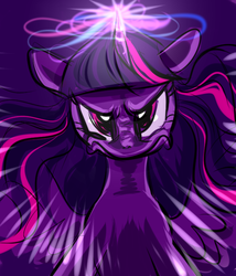 Size: 600x700 | Tagged: safe, artist:mymguru, twilight sparkle, alicorn, pony, g4, my little pony: friendship is magic, twilight's kingdom, angry, female, glowing, glowing horn, horn, looking at you, magic, magic aura, mare, purple background, simple background, solo, twilight sparkle (alicorn)