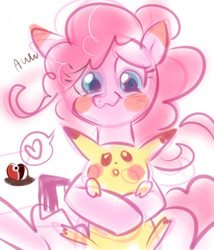 Size: 500x583 | Tagged: safe, artist:mymguru, pinkie pie, earth pony, pikachu, pony, g4, blush sticker, blushing, daaaaaaaaaaaw, female, heart, holding, looking at each other, looking at someone, poké ball, pokémon, simple background, solo, speech bubble, white background