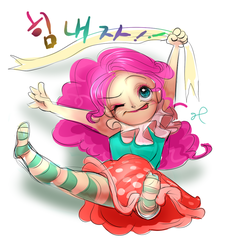 Size: 906x1000 | Tagged: safe, artist:mymguru, pinkie pie, human, g4, clothes, female, humanized, korean, looking up, one eye closed, simple background, socks, solo, striped socks, tongue out, white background