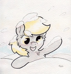 Size: 734x758 | Tagged: safe, artist:slightlyshade, derpy hooves, pegasus, pony, g4, female, snow, solo, traditional art