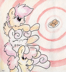 Size: 669x732 | Tagged: safe, artist:slightlyshade, apple bloom, scootaloo, sweetie belle, g4, cookie, cutie mark crusaders, traditional art