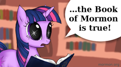 Size: 640x354 | Tagged: safe, artist:wedgeantilleshzdgj, twilight sparkle, g4, book, book of mormon, dilated pupils, female, jontron thread, mormons, mouthpiece, open mouth, religion, solo, spark