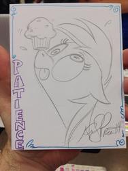 Size: 768x1024 | Tagged: safe, artist:andypriceart, derpy hooves, pegasus, pony, :p, balancing, female, floppy ears, mare, muffin, ponies balancing stuff on their nose, solo, sweat, tongue out, traditional art, treat on nose, wide eyes