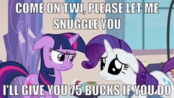 Size: 800x450 | Tagged: safe, edit, edited screencap, screencap, rarity, twilight sparkle, pony, unicorn, g4, bribery, cute, diabetes, dilated pupils, duo, floppy ears, frown, glare, horn, image macro, imma snuggle you, meme, raribetes, sad, snuggling