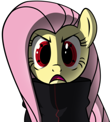 Size: 757x839 | Tagged: safe, artist:ladyb0ner, fluttershy, g4, badass, crossover, female, flutterbadass, naruto, sharingan, solo, the stare