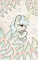 Size: 723x1146 | Tagged: safe, artist:slightlyshade, lyra heartstrings, pony, unicorn, g4, blushing, cookie, female, leaves, solo, traditional art