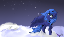 Size: 1200x700 | Tagged: safe, artist:fluttair, princess luna, g4, cloud, cloudy, ear fluff, female, looking up, night, s1 luna, shooting star, solo, spread wings, stars