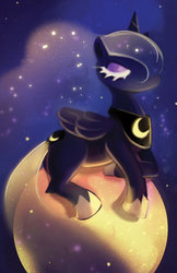 Size: 400x619 | Tagged: safe, artist:hyetnim, princess luna, g4, eyes closed, female, moon, prone, solo, tangible heavenly object