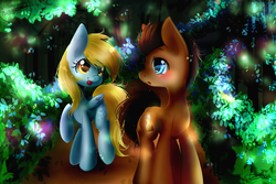 Size: 3000x2000 | Tagged: safe, artist:mrsremi, derpy hooves, doctor whooves, time turner, pegasus, pony, g4, :o, blushing, cute, derpabetes, female, forest, high res, male, mare, raised hoof, ship:doctorderpy, shipping, straight, tongue out