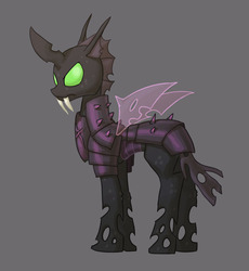 Size: 691x750 | Tagged: safe, artist:carnifex, oc, oc only, changeling, armor, changeling oc, gray background, purple changeling, simple background, solo