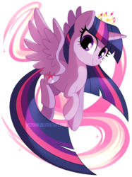 Size: 622x831 | Tagged: safe, artist:pepooni, twilight sparkle, alicorn, pony, female, flying, looking at you, mare, new crown, simple background, smiling, solo, spread wings, transparent background, twilight sparkle (alicorn)