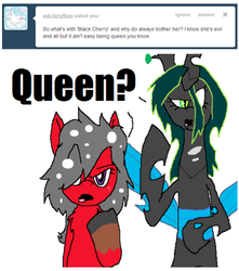 Size: 454x513 | Tagged: safe, artist:thecherrysodaaskblog, queen chrysalis, oc, oc:cherry soda, tumblr:thecherrysodaaskblog, g4, confused, looking at you, tumblr