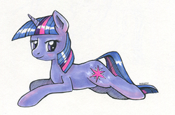 Size: 600x396 | Tagged: safe, artist:maytee, twilight sparkle, g4, female, lying, simple background, solo, traditional art