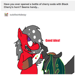 Size: 448x454 | Tagged: safe, artist:thecherrysodaaskblog, queen chrysalis, oc, oc:cherry soda, tumblr:thecherrysodaaskblog, g4, bottle, outofworkderpy, soda, tumblr