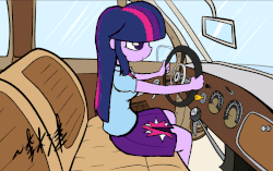 Size: 1100x690 | Tagged: safe, artist:lightningnickel, twilight sparkle, equestria girls, g4, animated, car, car interior, commission, cute, female, solo, tatra, tatra t77, twilight being an angry driver