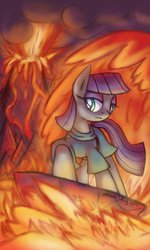 Size: 693x1153 | Tagged: safe, artist:cazra, maud pie, earth pony, pony, g4, female, hot, lava, lava surfing, magma, rock, solo, surfing, volcano