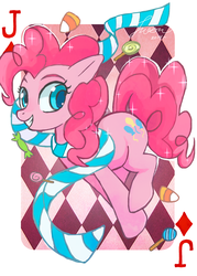 Size: 1024x1433 | Tagged: dead source, safe, artist:naminzo, pinkie pie, g4, candy, candy corn, clothes, female, lollipop, playing card, scarf, solo