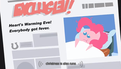 Size: 616x351 | Tagged: safe, artist:parchiesplace, screencap, pinkie pie, g4, bed, christmas, female, fever, hearth's warming eve, meme, misspelling, newspaper, pointy ponies, sick, solo, youtube caption