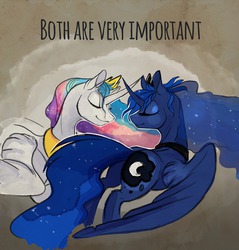 Size: 1280x1340 | Tagged: safe, alternate version, artist:casynuf, princess celestia, princess luna, g4, all caps, alternate versions at source, duo, english, eyes closed, royal sisters, siblings, sisters, text