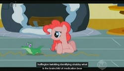 Size: 753x430 | Tagged: safe, artist:gummyalligator, screencap, gummy, pinkie pie, g4, hub logo, meme, youtube caption