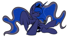 Size: 1280x640 | Tagged: safe, artist:rulerofblocks, princess luna, alicorn, pony, lunadoodle, g4, crossed legs, earbuds, eyes closed, female, happy, ipod, magic, music, simple background, sitting, smiling, solo, spread wings, telekinesis, transparent background, vector