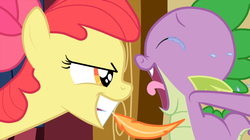 Size: 2000x1122 | Tagged: safe, artist:ced75, screencap, apple bloom, spike, g4, just for sidekicks, crying, eyes closed, feather, glare, grin, laughing, mouth hold, open mouth, restrained, smiling, tickle torture, tickling