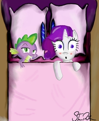 Size: 1640x2000 | Tagged: safe, artist:steven77769, rarity, spike, dragon, pony, unicorn, g4, :o, aftersex, bed, bedroom eyes, blushing, cigarette, female, implied sex, male, mare, pillow, raised eyebrow, ship:sparity, shipping, smirk, straight, wide eyes