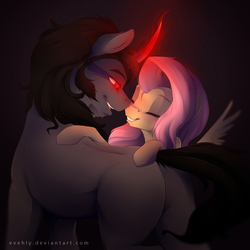 Size: 2000x2000 | Tagged: safe, artist:evehly, fluttershy, king sombra, g4, bedroom eyes, boop, butt, eyes closed, female, glowing eyes, glowing horn, grin, high res, horn, magic, male, noseboop, nuzzling, open mouth, plot, ship:sombrashy, shipping, smiling, sombutt, straight, stupid sexy sombra